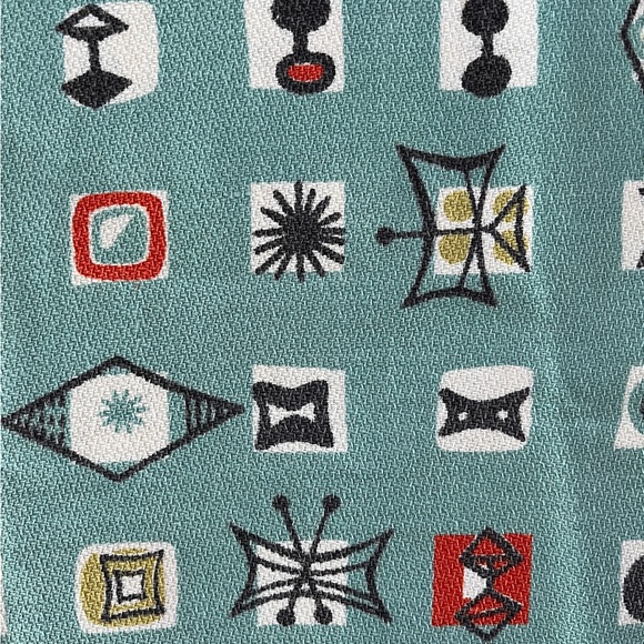 Vintage 50s Barkcloth Atomic Aqua Teal Fifties Space Age Fabric Yardage Panel - Picture 2 of 10